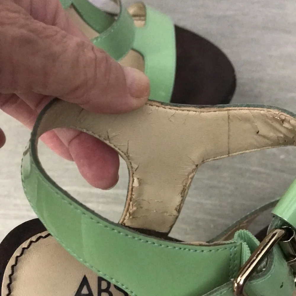 ABS Allen Schwartz Leather “Graciela” Ankle Strap Wedges, Mint Green 7.5